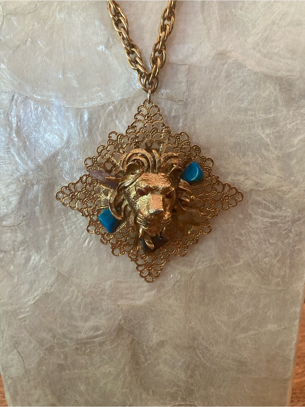 Vintage Lion Pendant Necklace with Accent Stones
